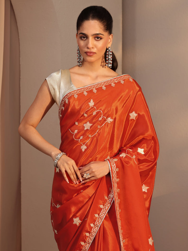 Libas Orange Embellished Satin Saree