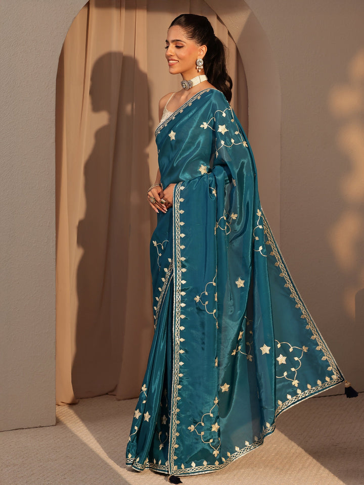 Libas Peacock Blue Embellished Satin Saree