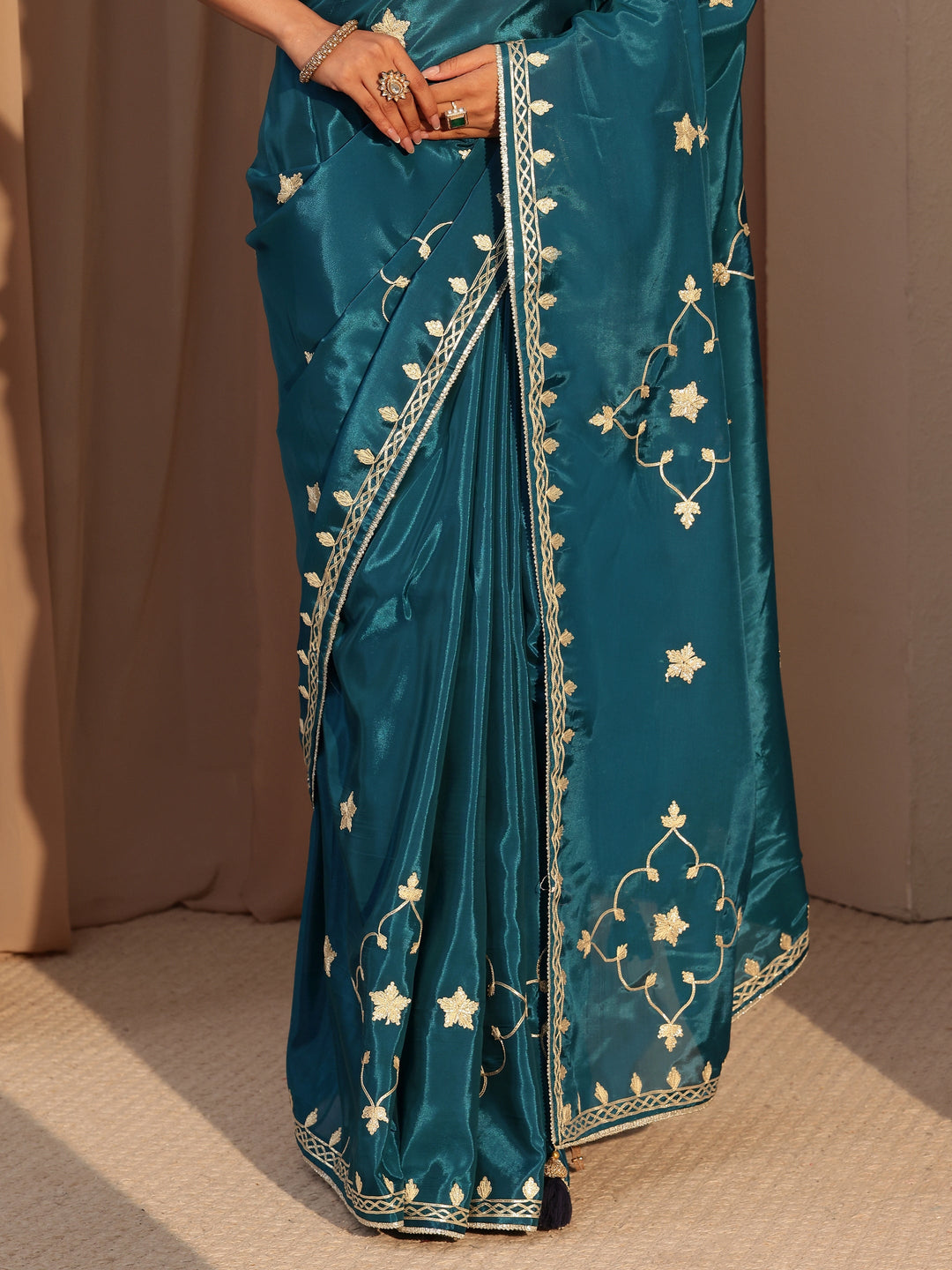 Libas Peacock Blue Embellished Satin Saree