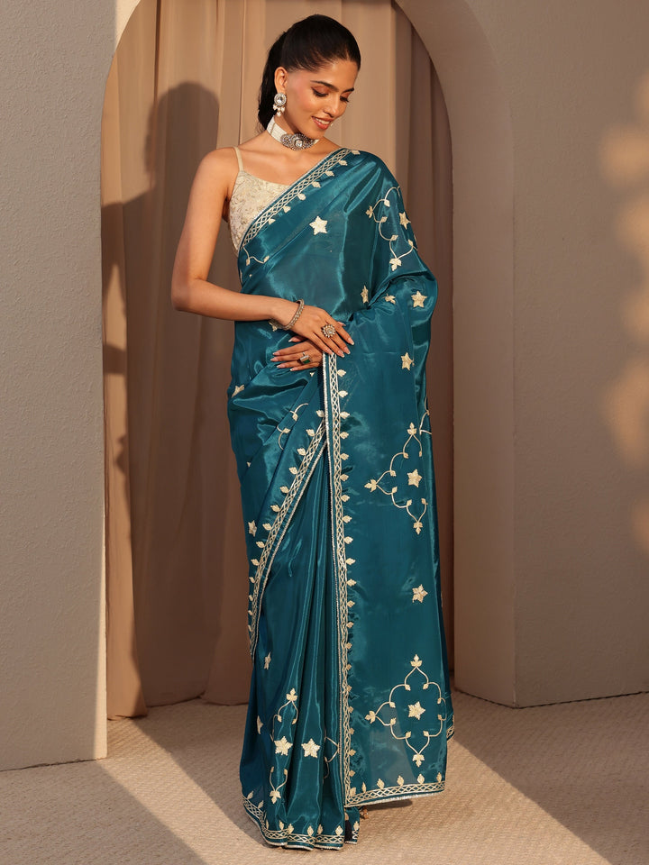 Libas Peacock Blue Embellished Satin Saree