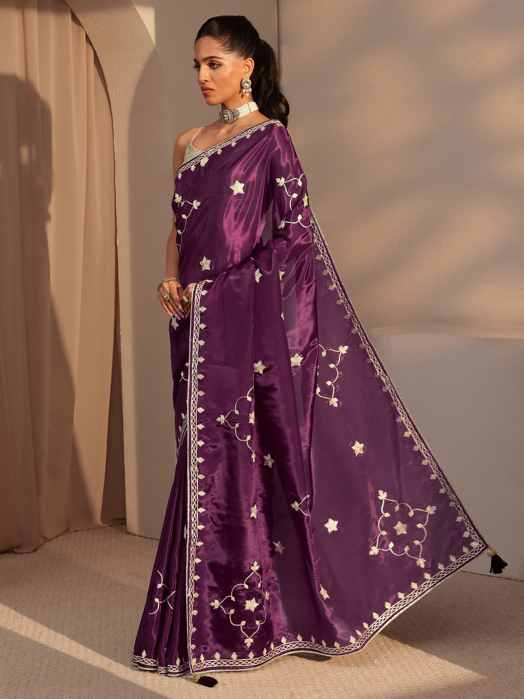 Libas Burgundy Embellished Satin Saree