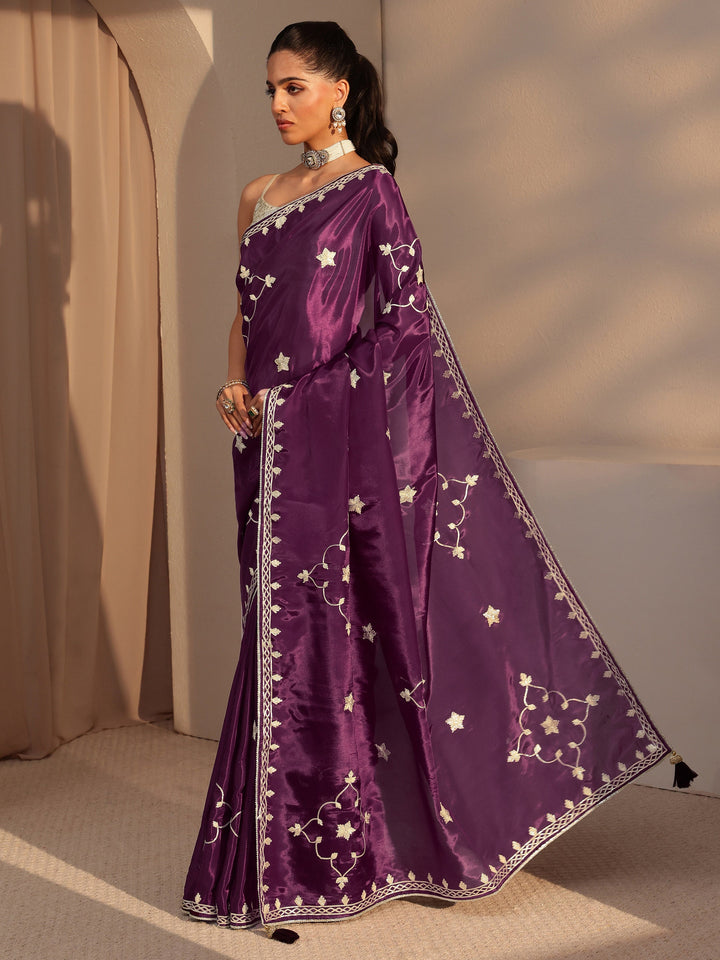 Libas Burgundy Embellished Satin Saree
