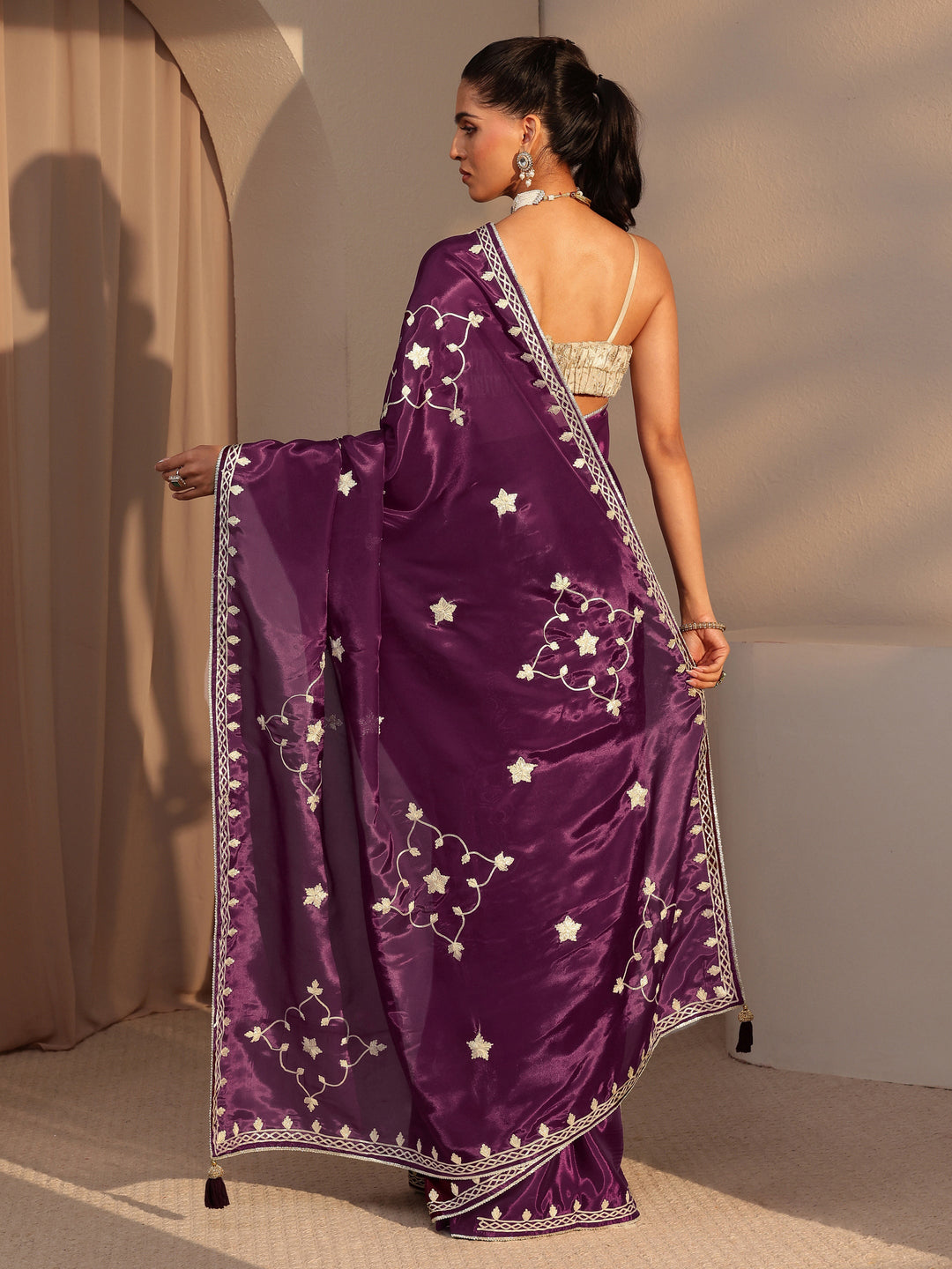 Libas Burgundy Embellished Satin Saree