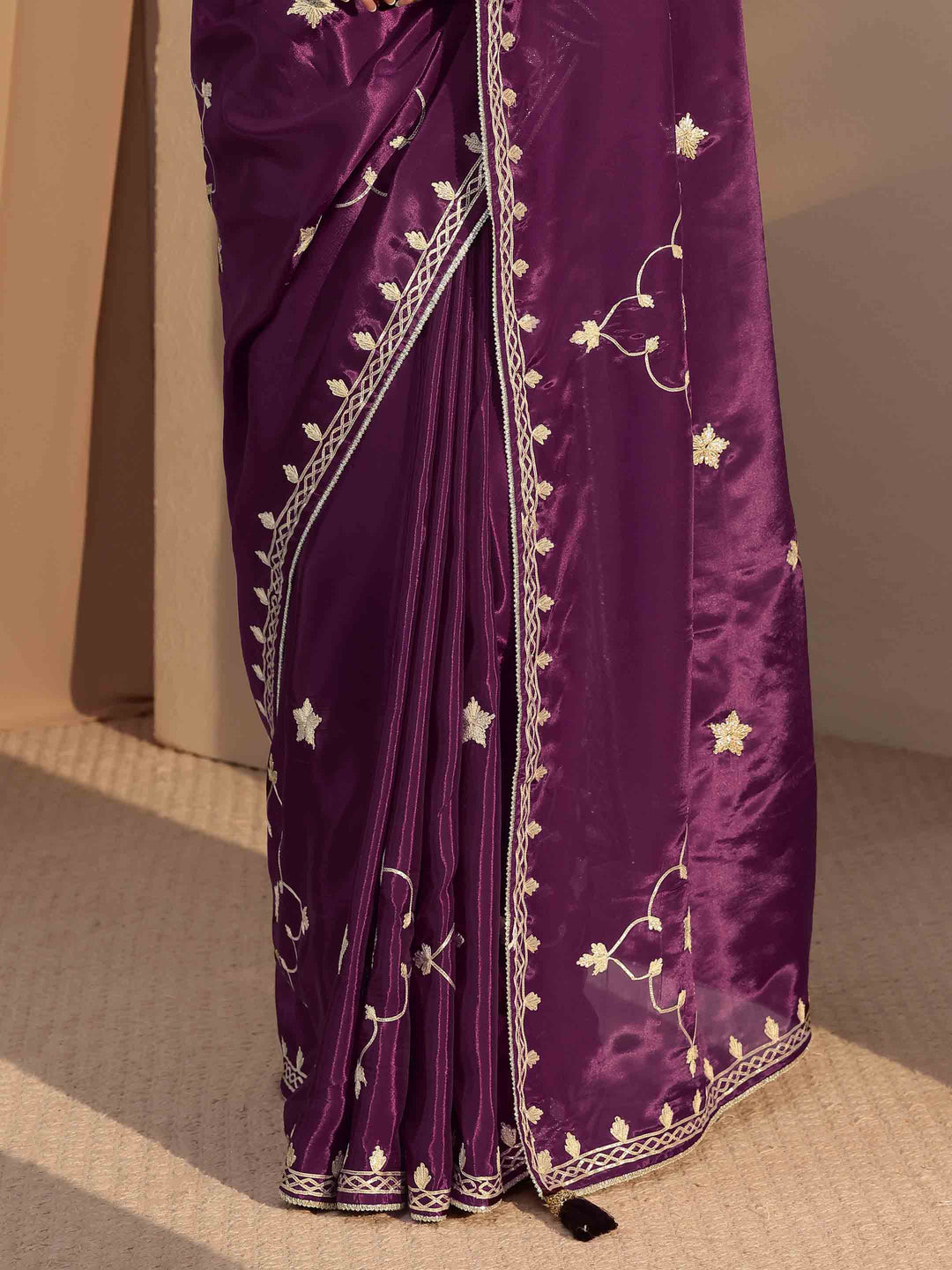 Libas Burgundy Embellished Satin Saree