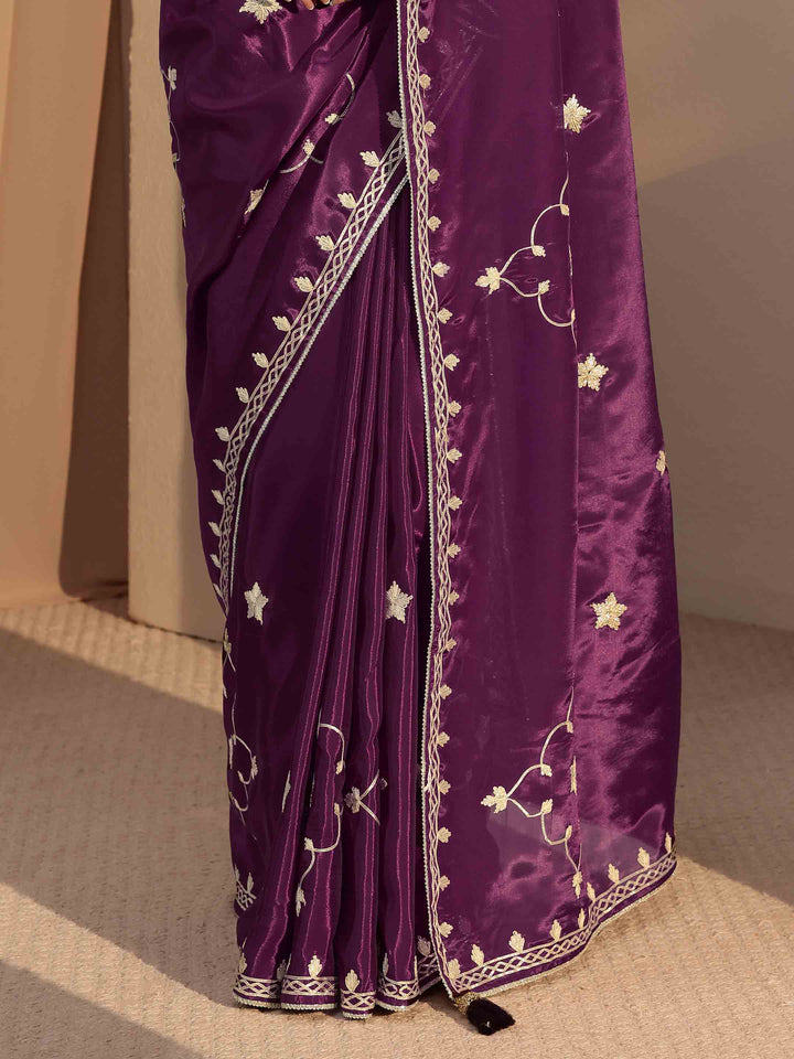 Libas Burgundy Embellished Satin Saree