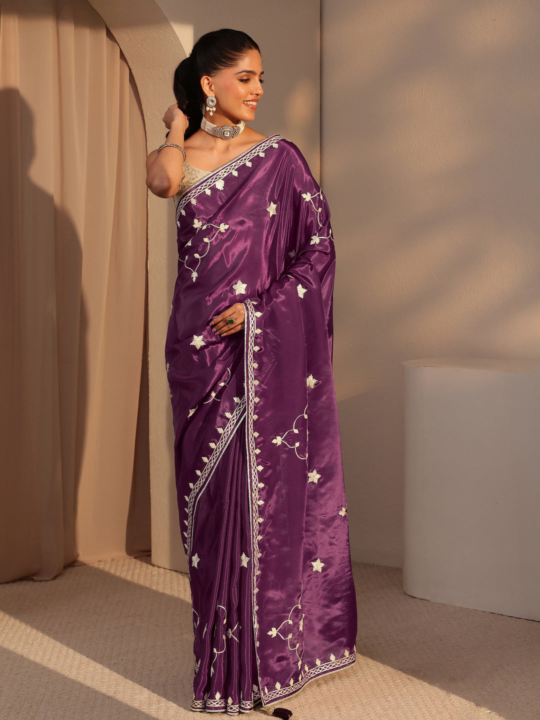 Libas Burgundy Embellished Satin Saree