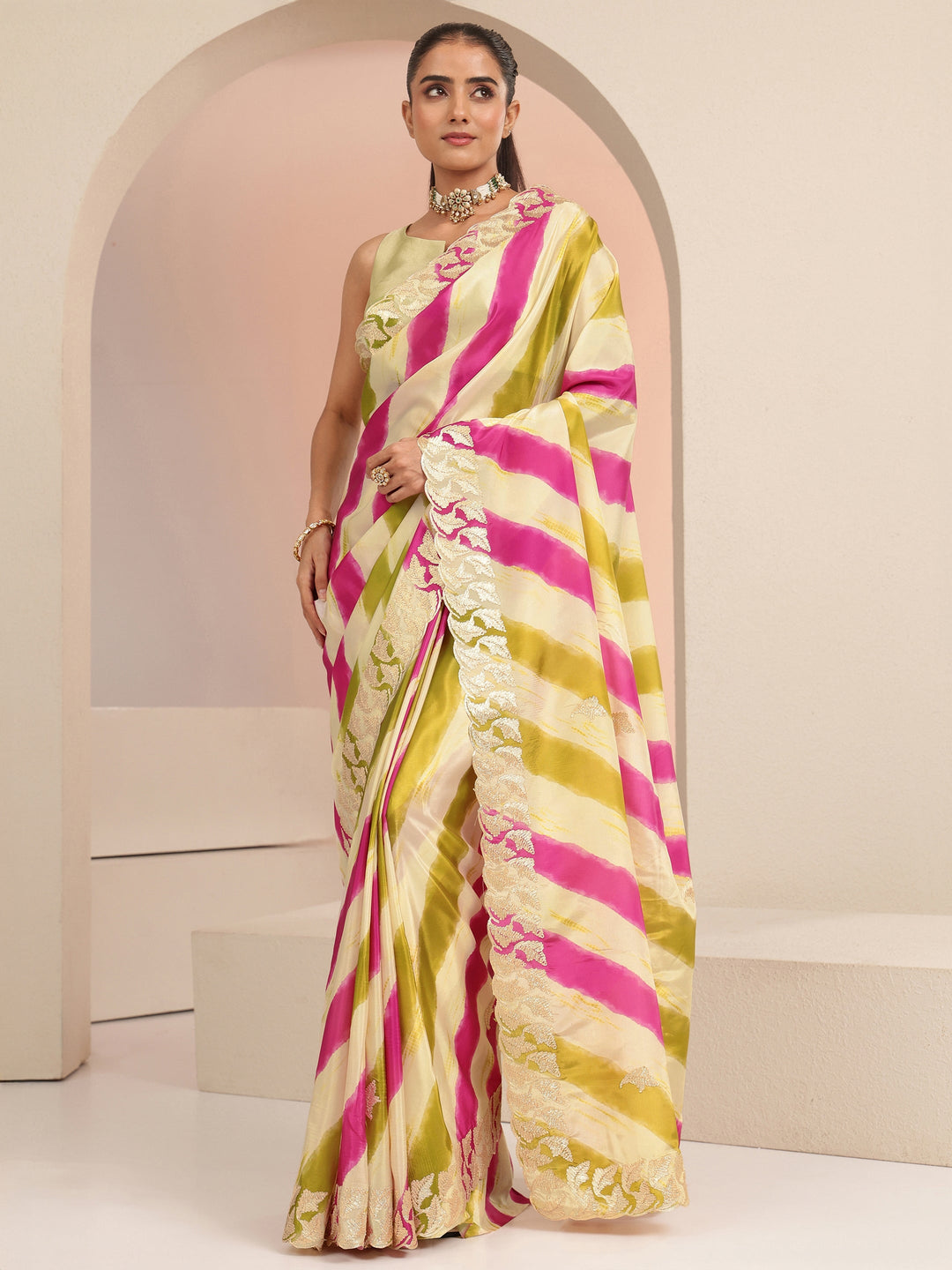 Libas Multi Color Leheriya Printed Satin Saree