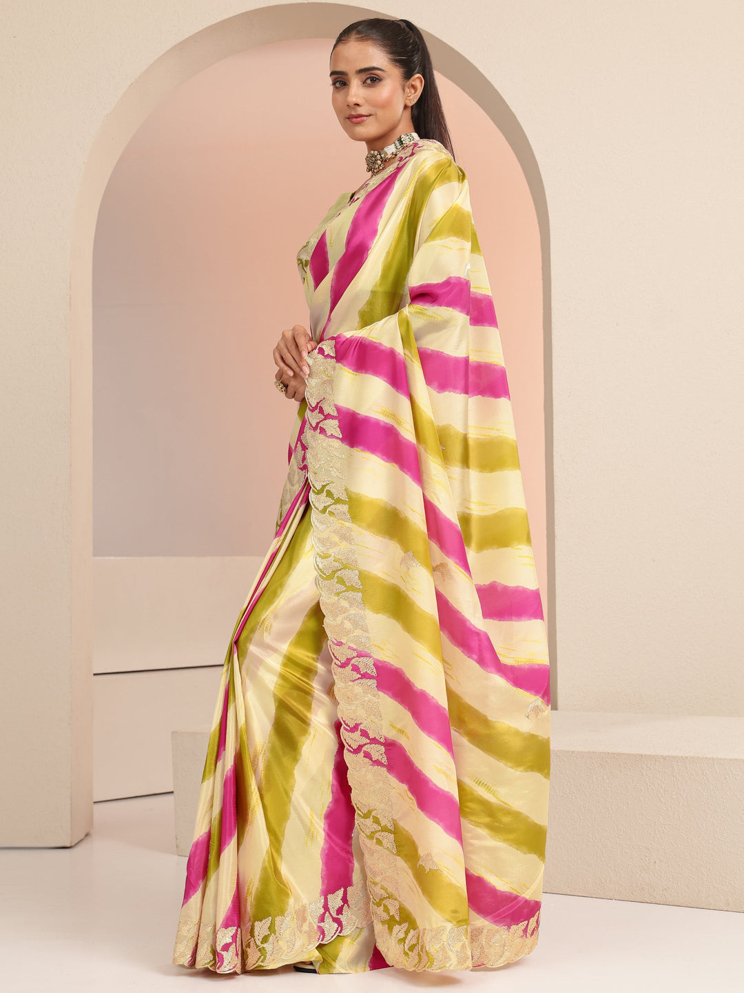 Libas Multi Color Leheriya Printed Satin Saree