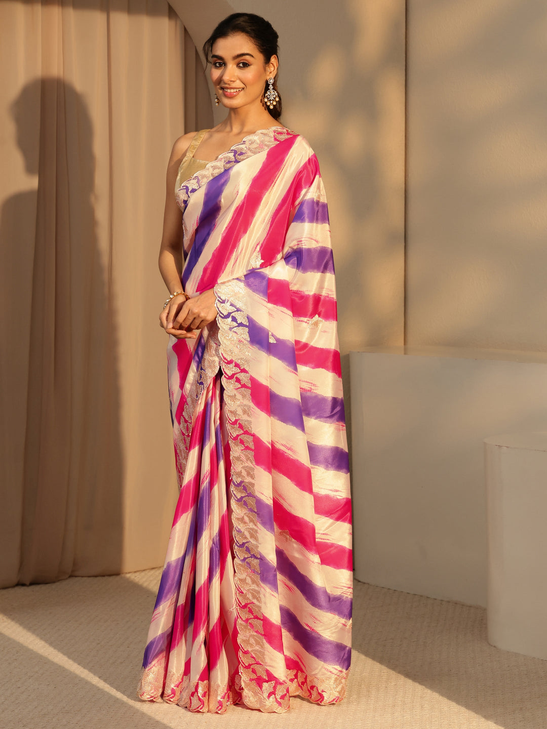 Libas Multi Color Leheriya Printed Satin Saree