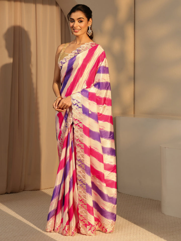 Libas Multi Color Leheriya Printed Satin Saree