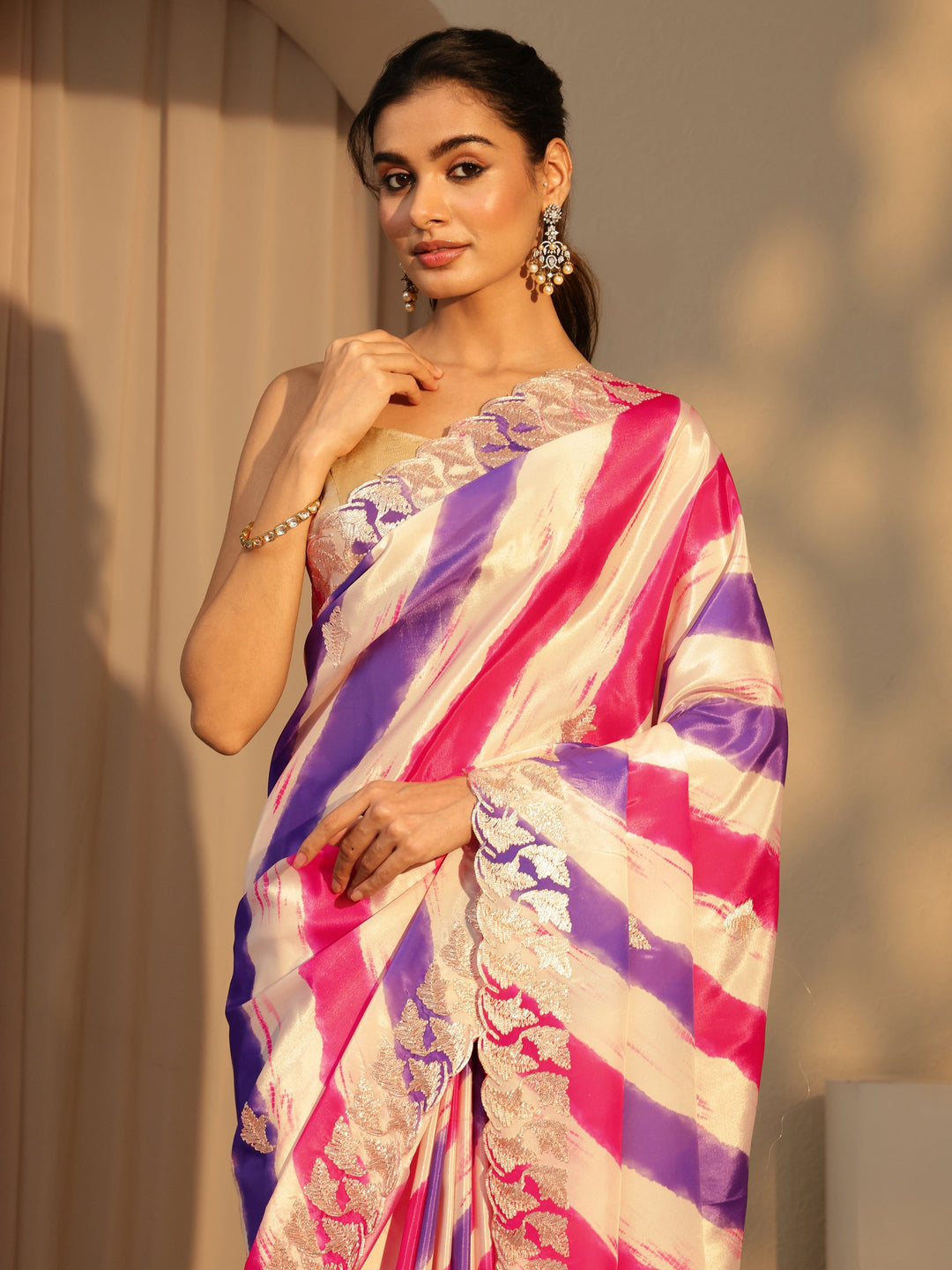 Libas Multi Color Leheriya Printed Satin Saree