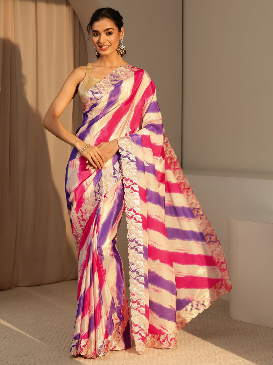 Libas Multi Color Leheriya Printed Satin Saree