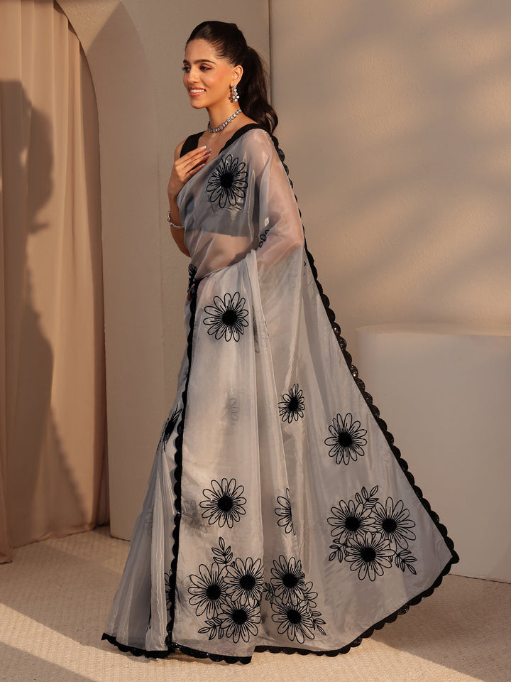 Libas Grey Floral Embroidered Tissue Saree
