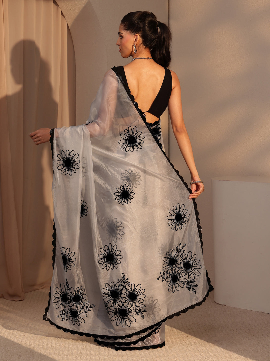 Libas Grey Floral Embroidered Tissue Saree