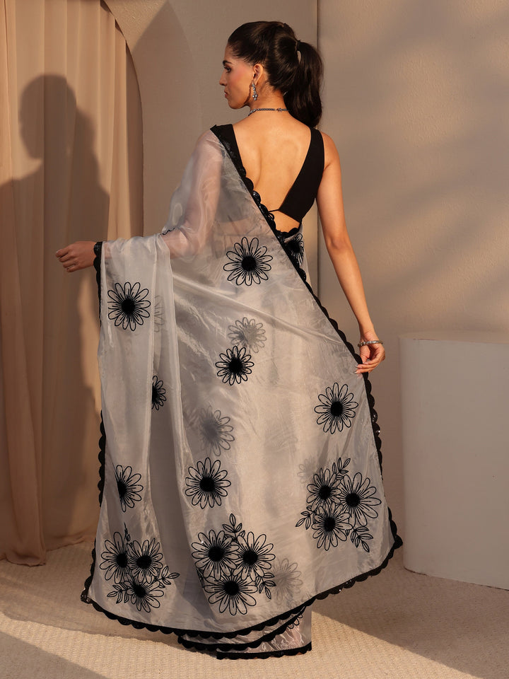 Libas Grey Floral Embroidered Tissue Saree