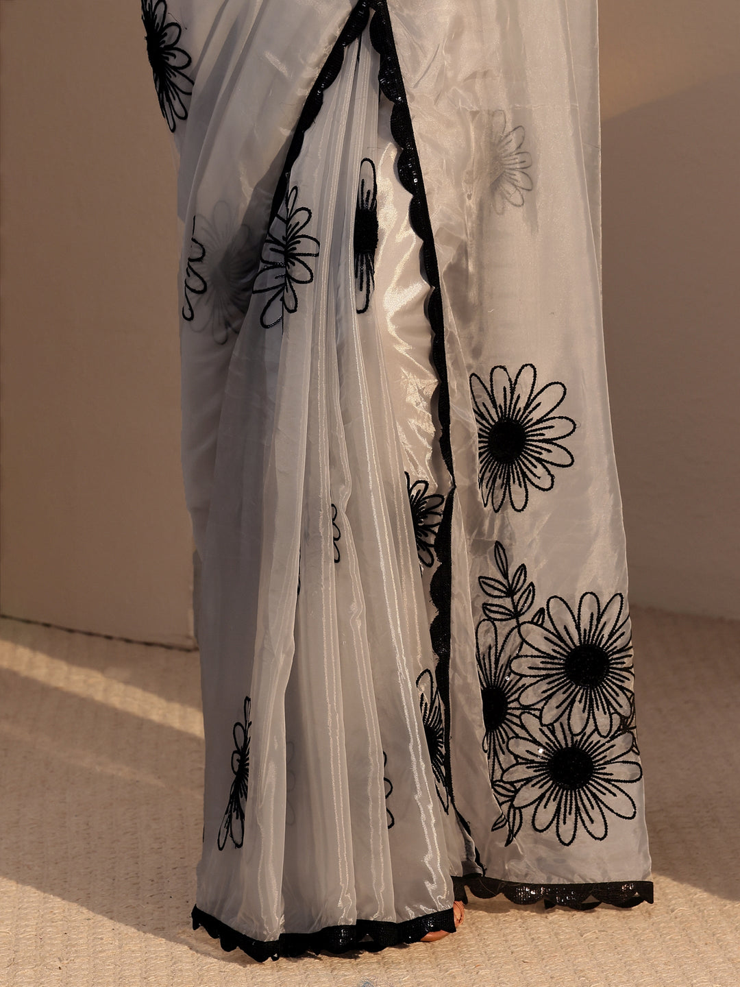 Libas Grey Floral Embroidered Tissue Saree