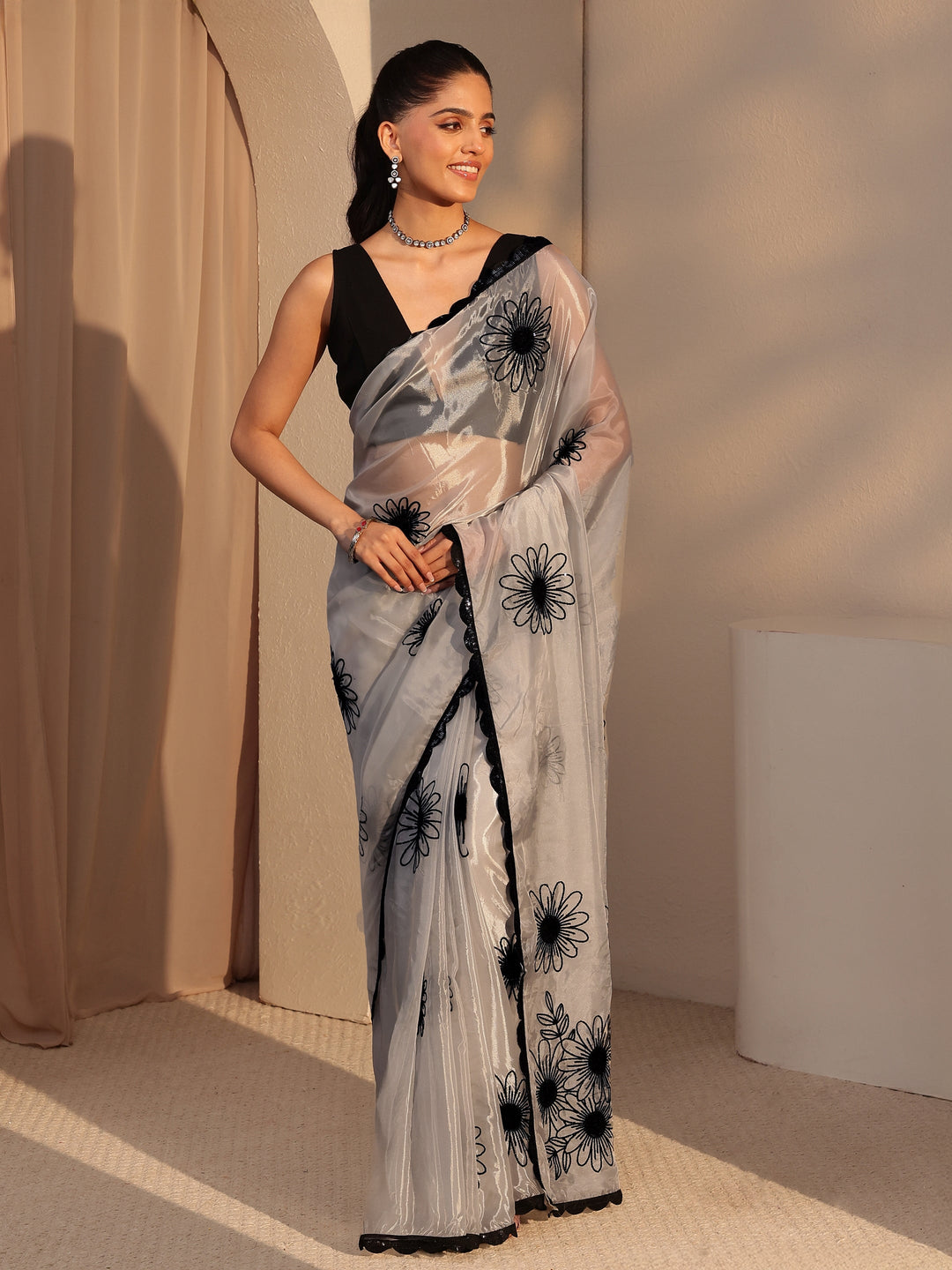 Libas Grey Floral Embroidered Tissue Saree