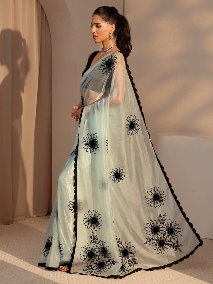 Libas Sky Blue Floral Embroidered Tissue Saree
