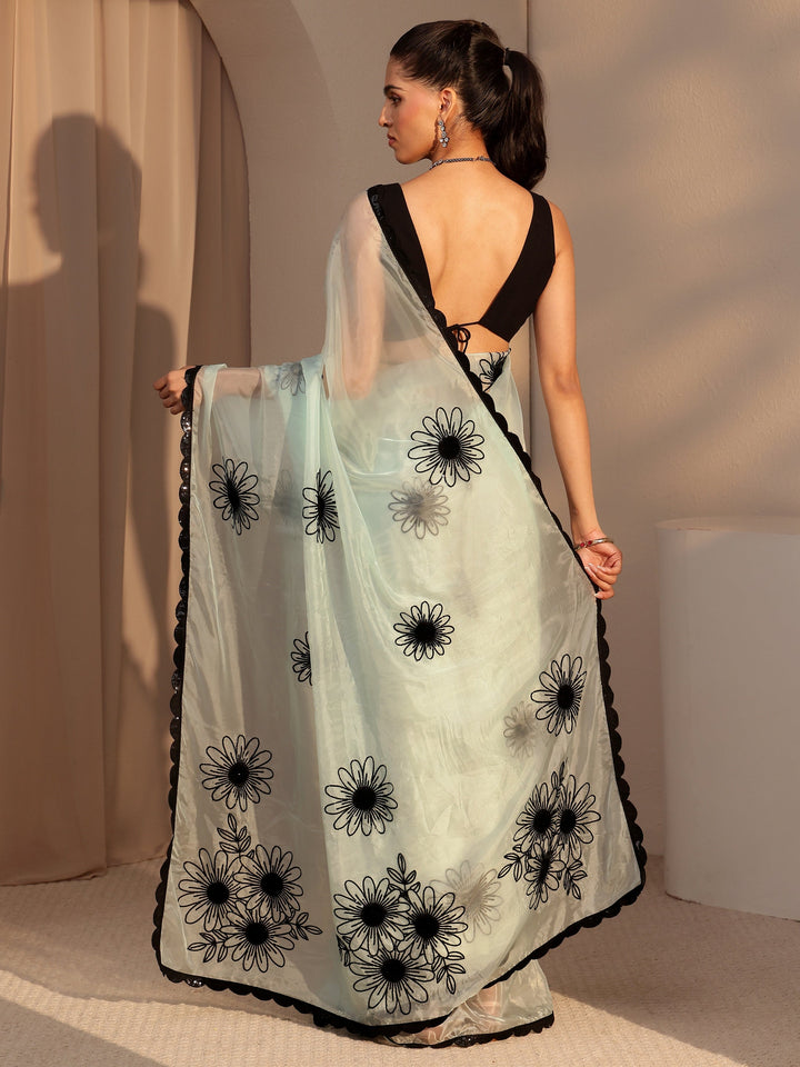 Libas Sky Blue Floral Embroidered Tissue Saree
