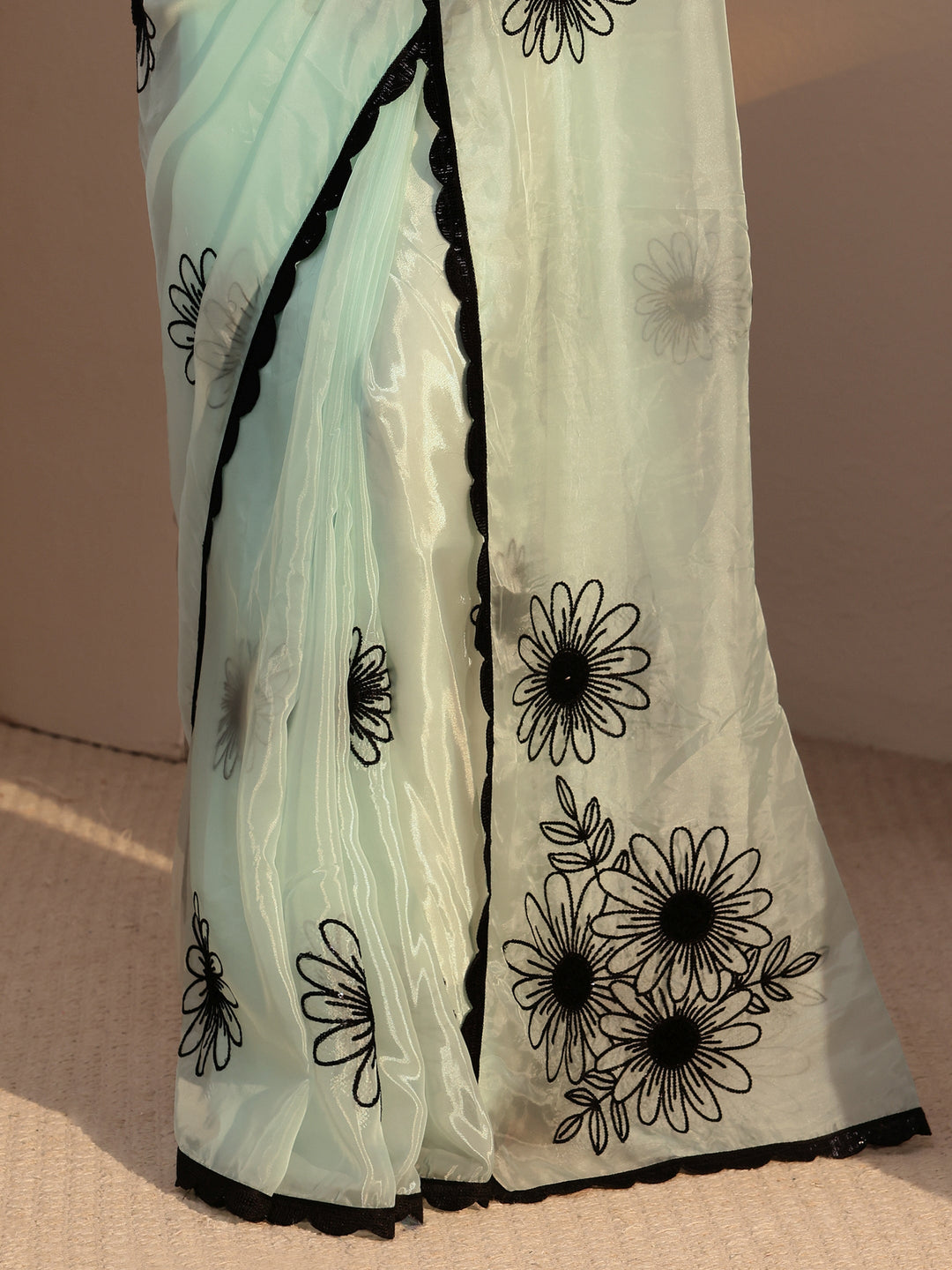 Libas Sky Blue Floral Embroidered Tissue Saree