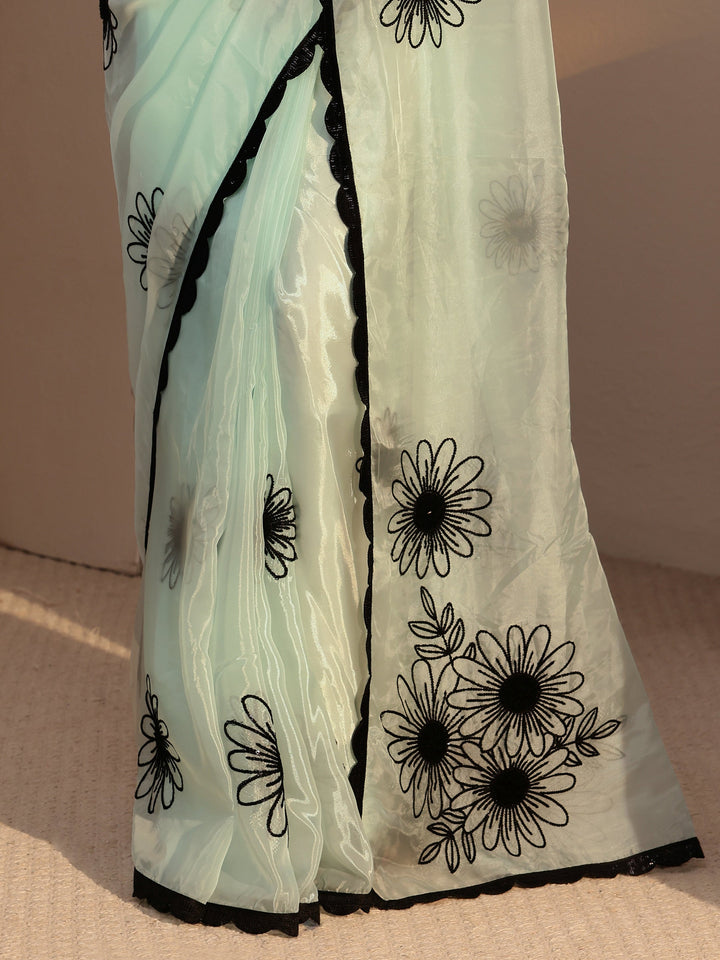 Libas Sky Blue Floral Embroidered Tissue Saree
