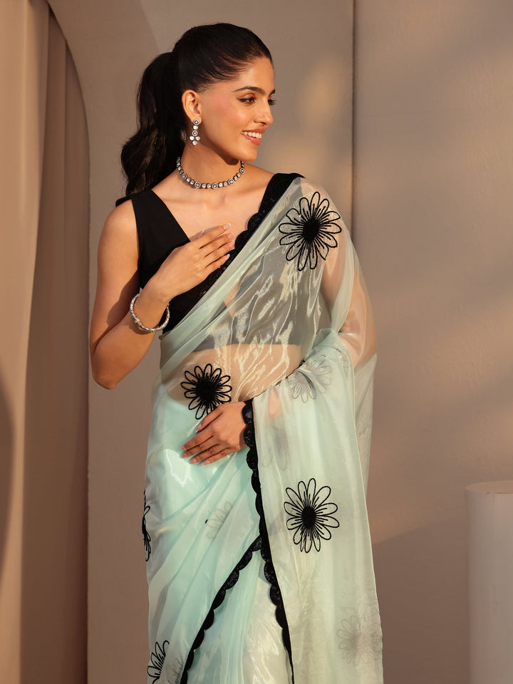 Libas Sky Blue Floral Embroidered Tissue Saree
