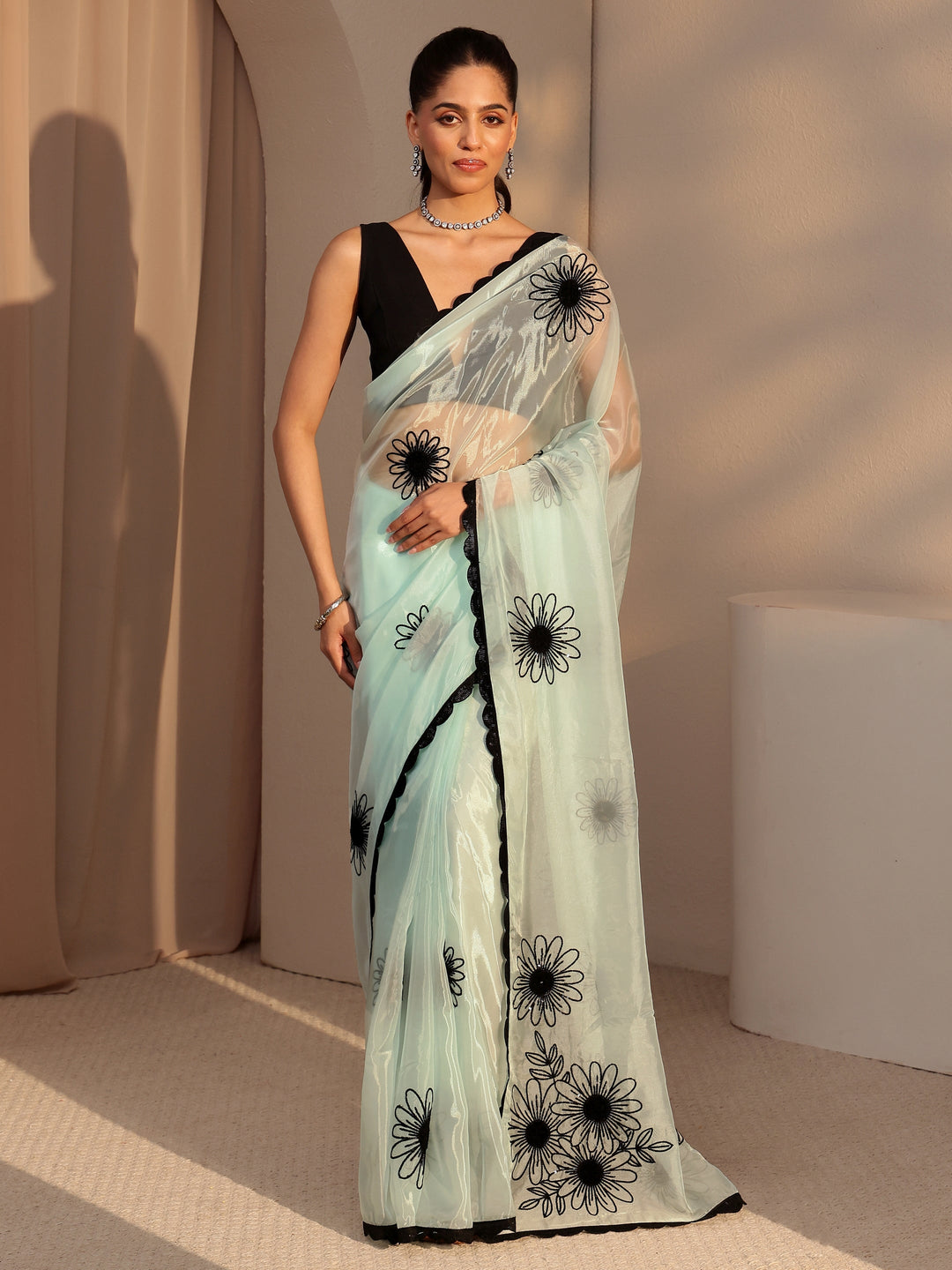 Libas Sky Blue Floral Embroidered Tissue Saree