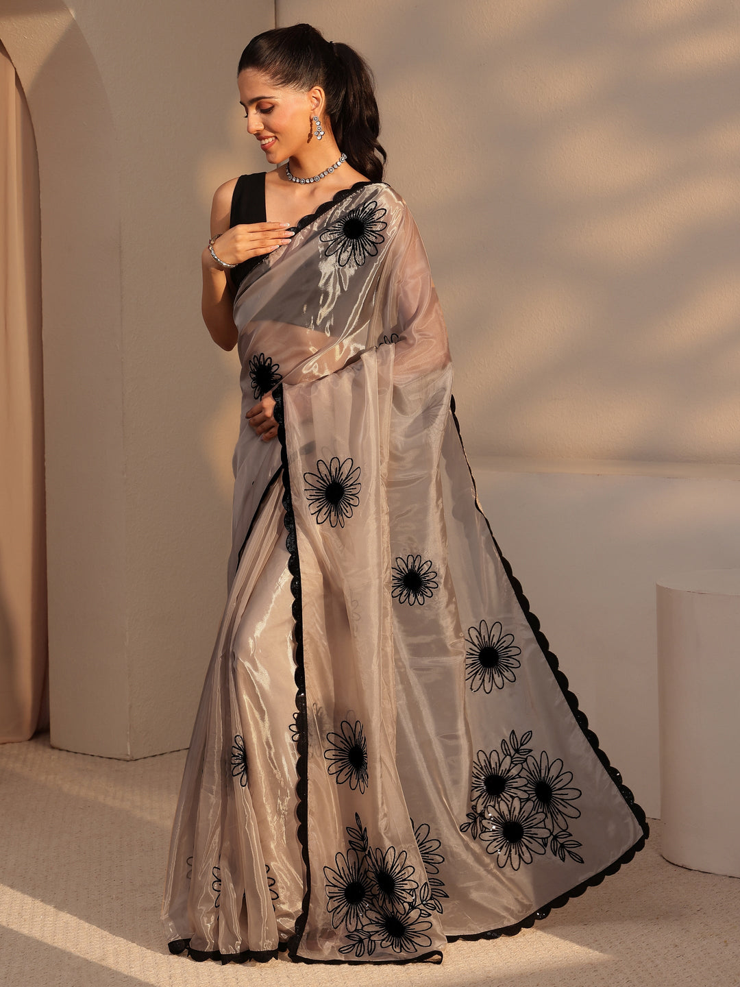 Libas Taupe Floral Embroidered Tissue Saree