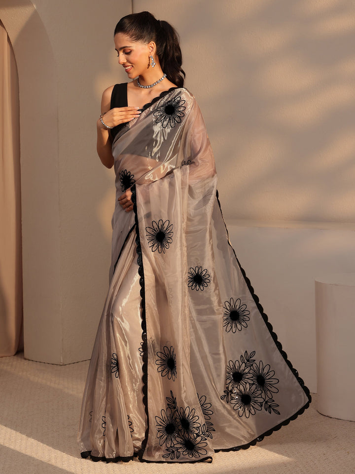 Libas Taupe Floral Embroidered Tissue Saree