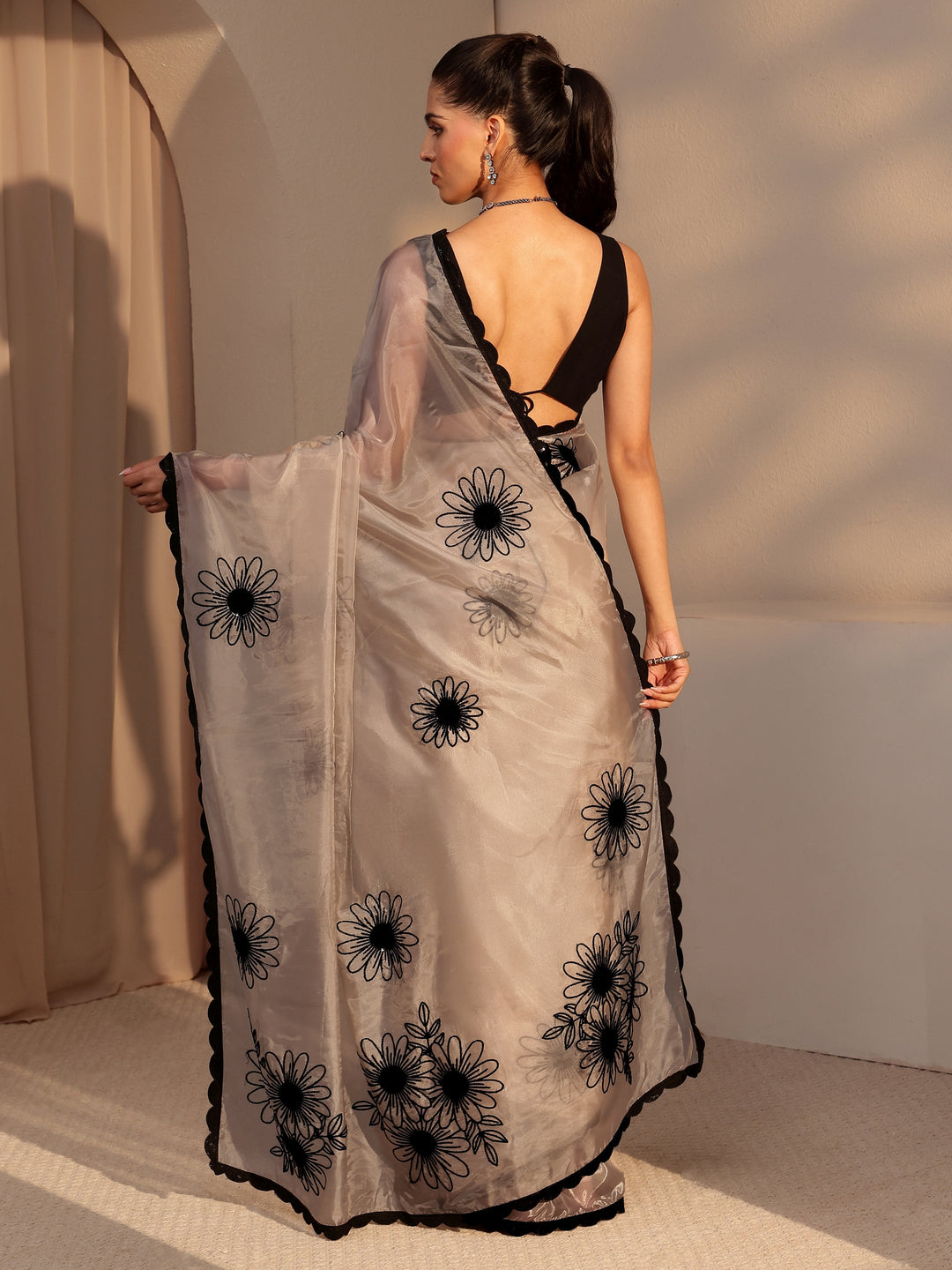 Libas Taupe Floral Embroidered Tissue Saree