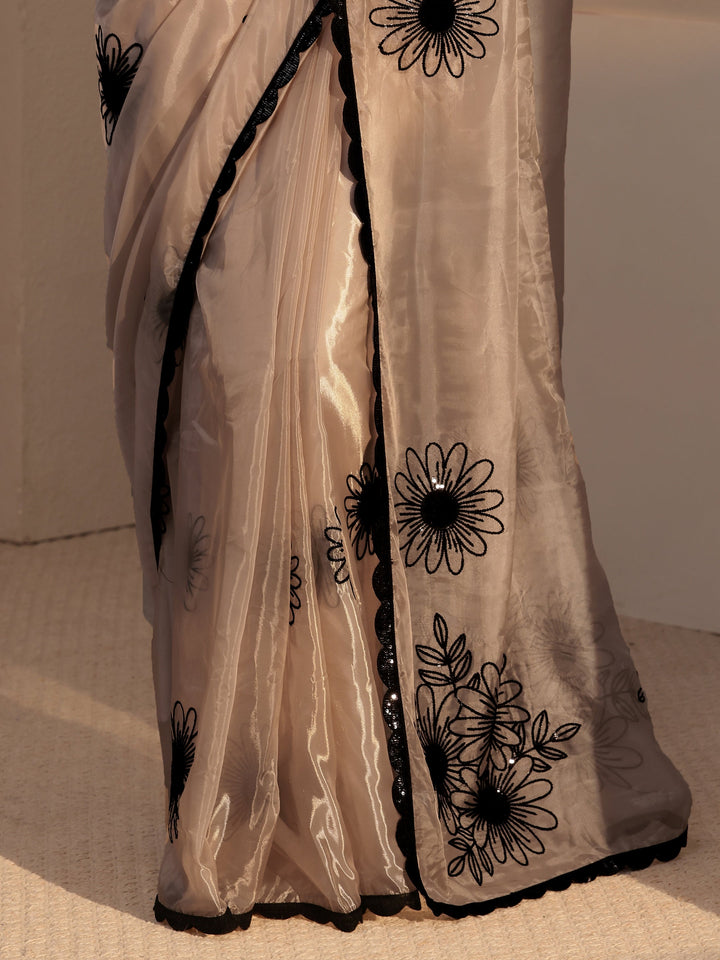 Libas Taupe Floral Embroidered Tissue Saree