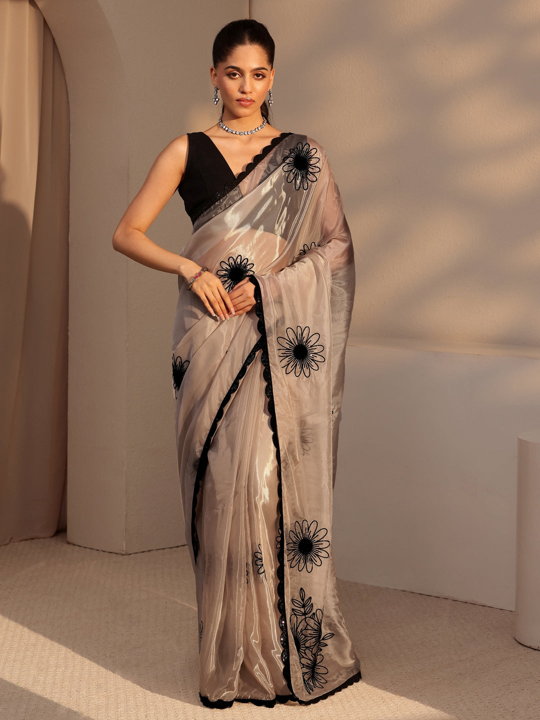 Libas Taupe Floral Embroidered Tissue Saree