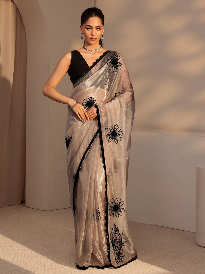 Libas Taupe Floral Embroidered Tissue Saree