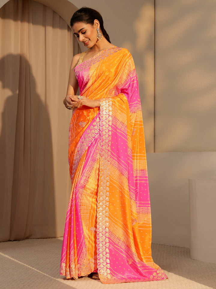 Libas Multi Color Bandhani Printed Satin Saree