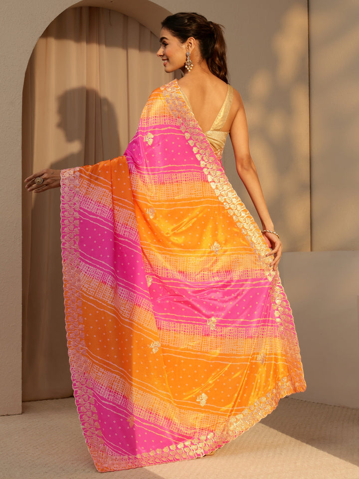 Libas Multi Color Bandhani Printed Satin Saree