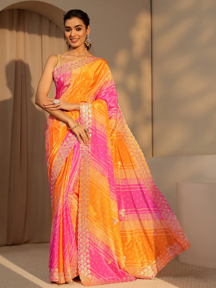 Libas Multi Color Bandhani Printed Satin Saree