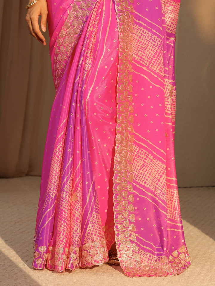 Libas Multi Color Bandhani Printed Satin Saree