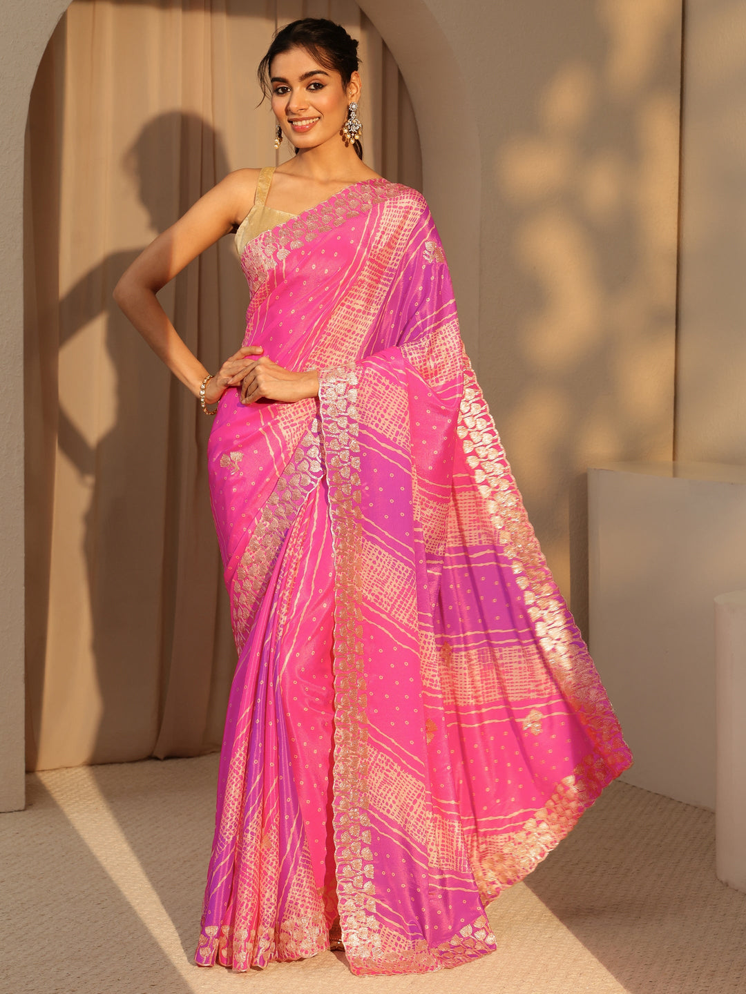 Libas Multi Color Bandhani Printed Satin Saree