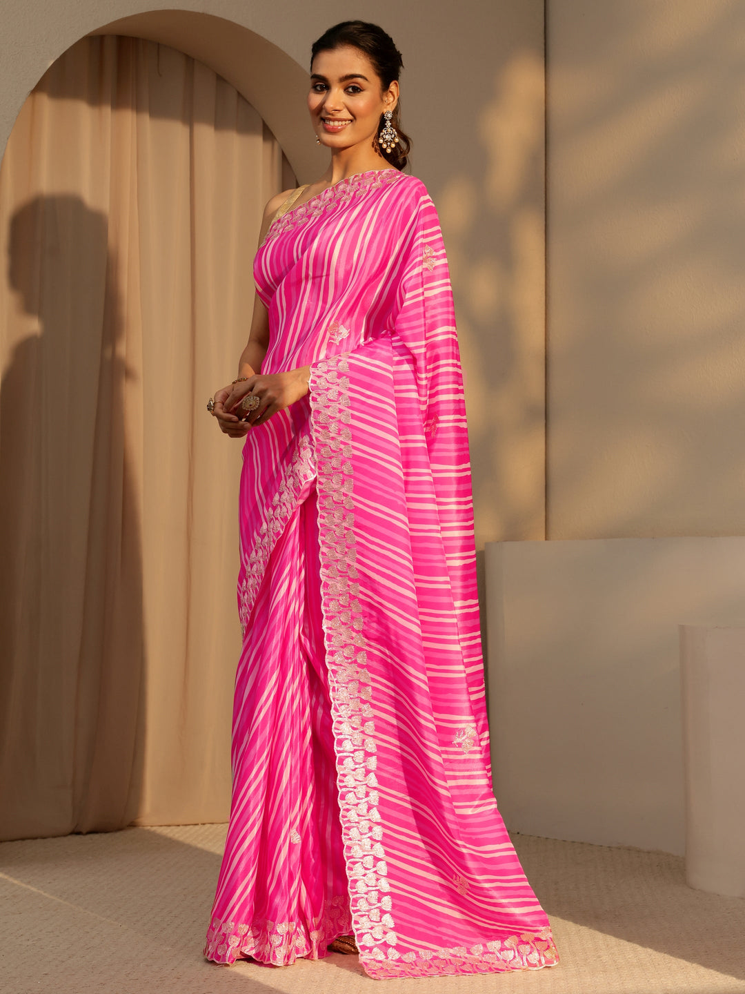 Libas Hot Pink Leheriya Printed Satin Saree