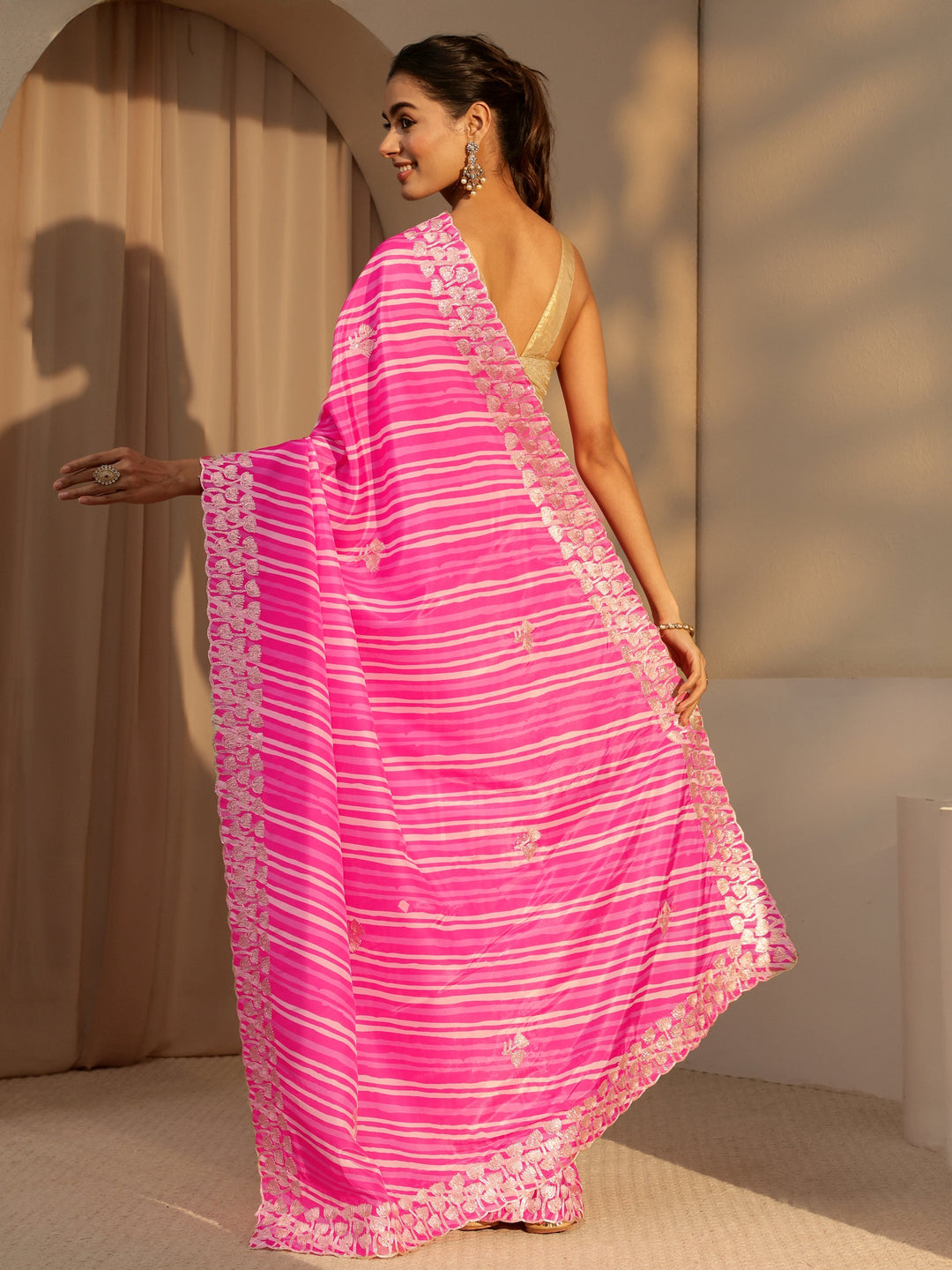 Libas Hot Pink Leheriya Printed Satin Saree