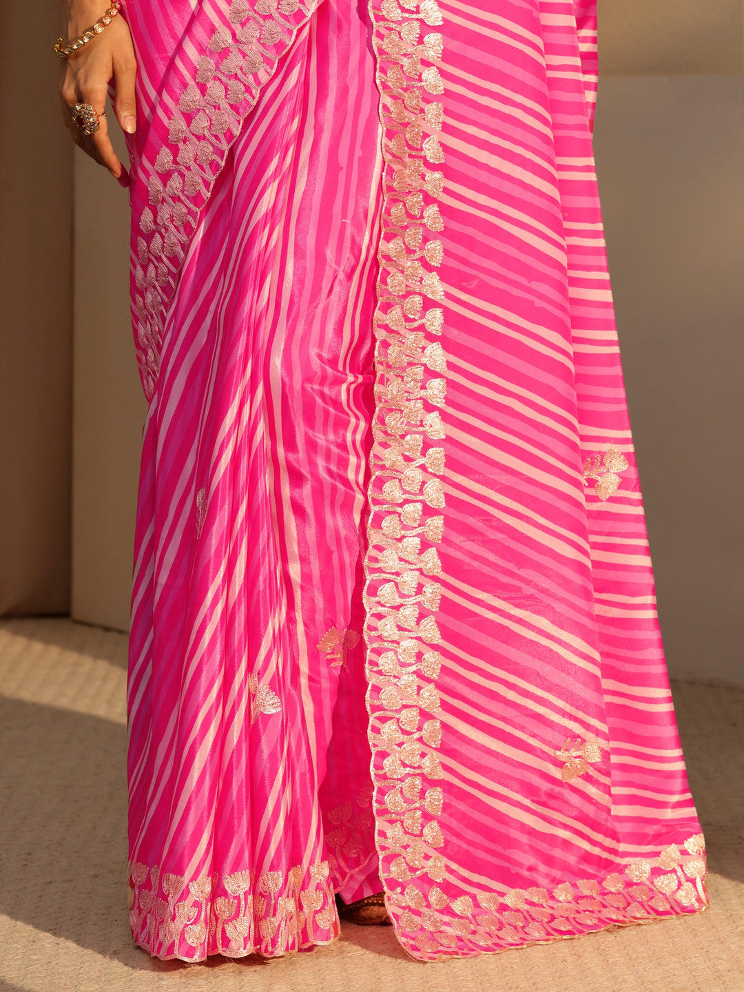 Libas Hot Pink Leheriya Printed Satin Saree