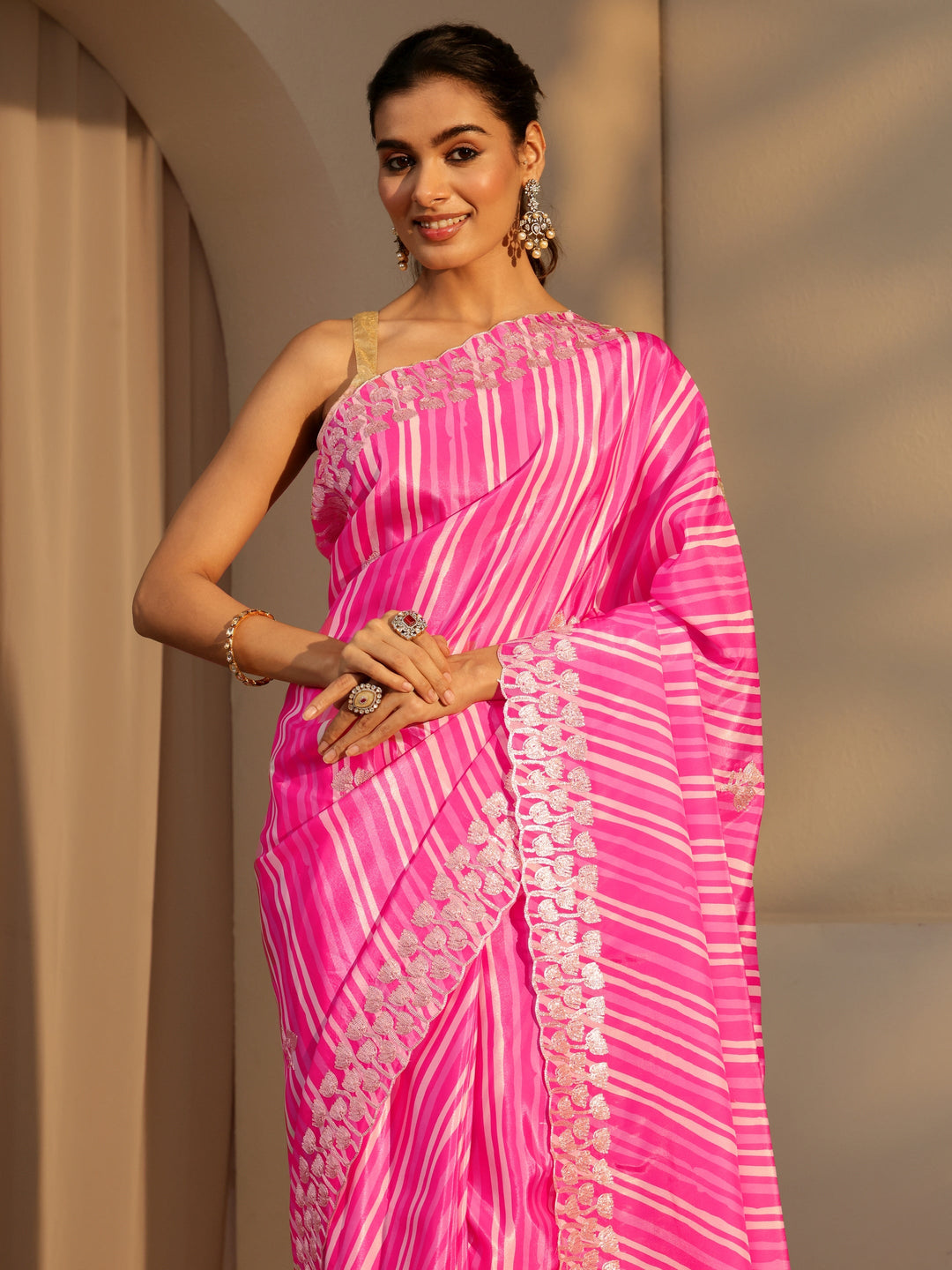 Libas Hot Pink Leheriya Printed Satin Saree