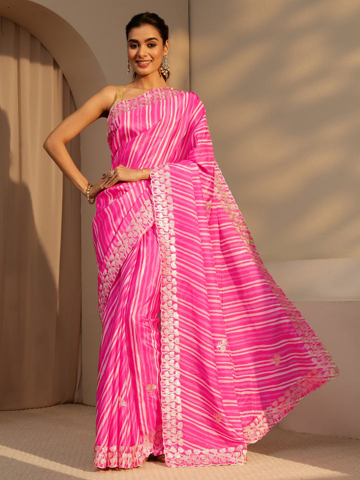 Libas Hot Pink Leheriya Printed Satin Saree