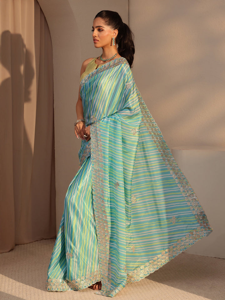 Libas Aqua Blue Leheriya Printed Satin Saree