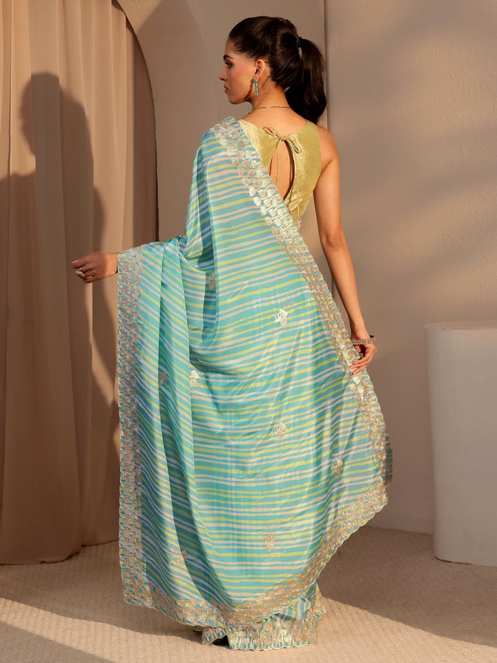 Libas Aqua Blue Leheriya Printed Satin Saree