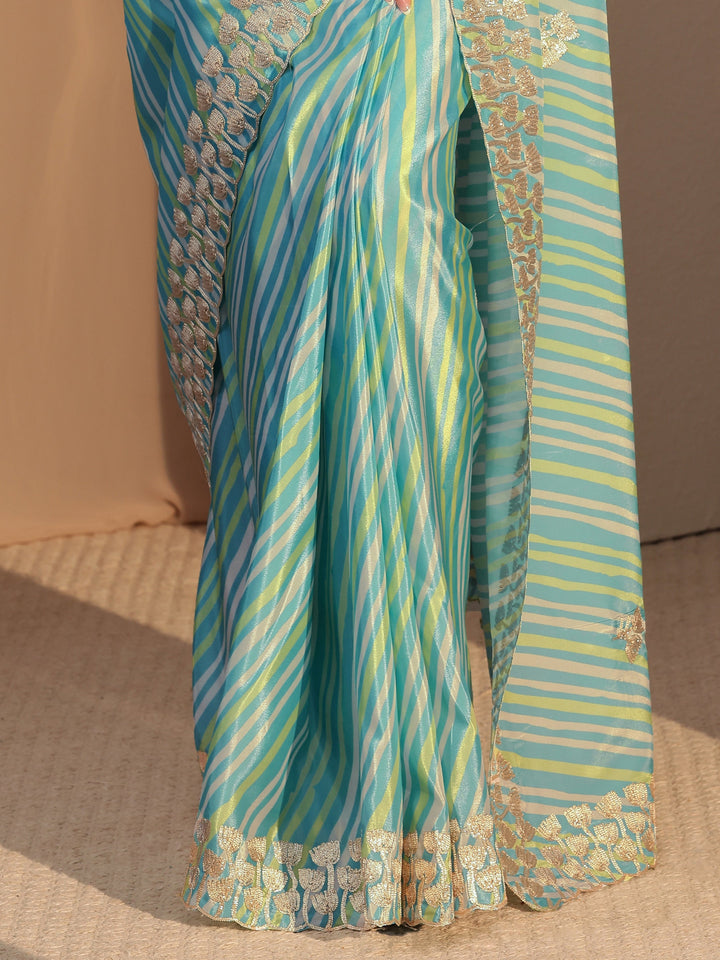 Libas Aqua Blue Leheriya Printed Satin Saree