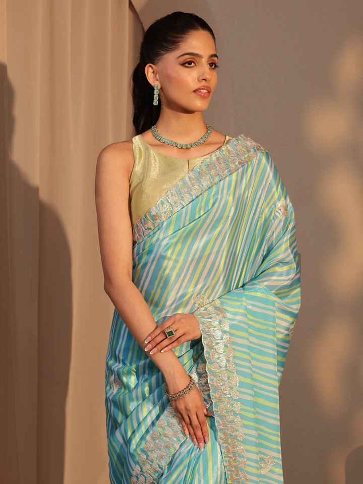 Libas Aqua Blue Leheriya Printed Satin Saree