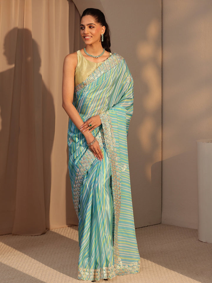 Libas Aqua Blue Leheriya Printed Satin Saree