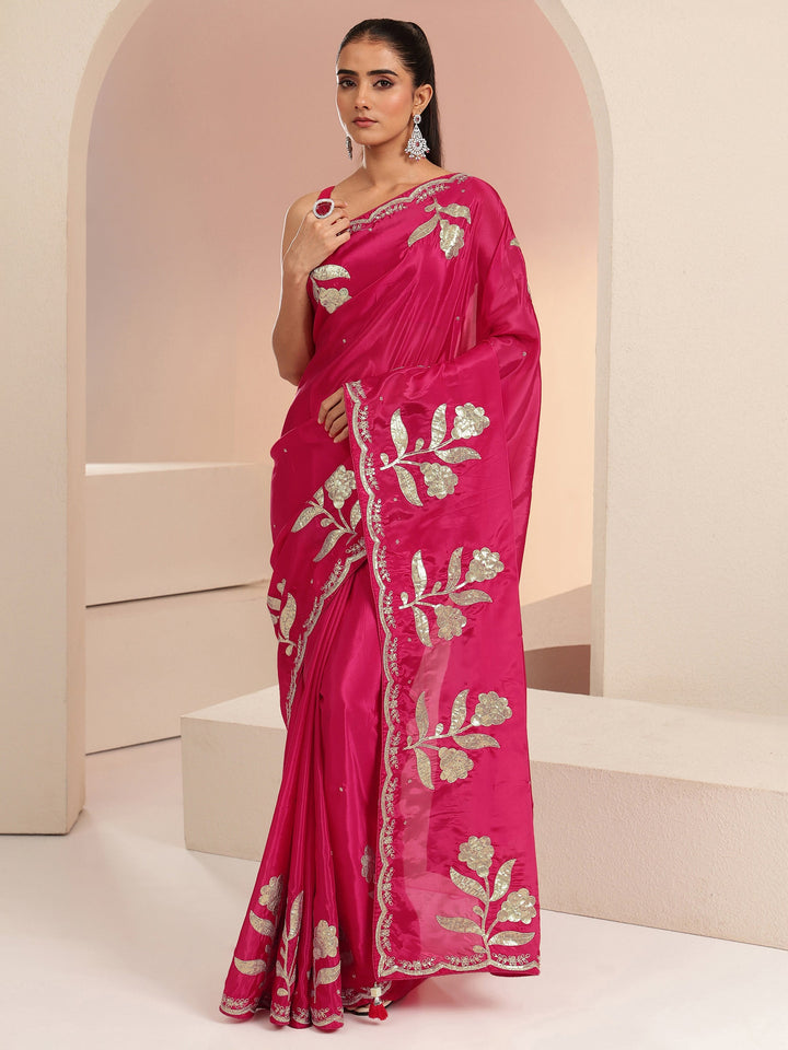 Libas Rani Pink Floral Embellished Satin Saree