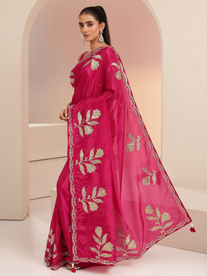 Libas Rani Pink Floral Embellished Satin Saree